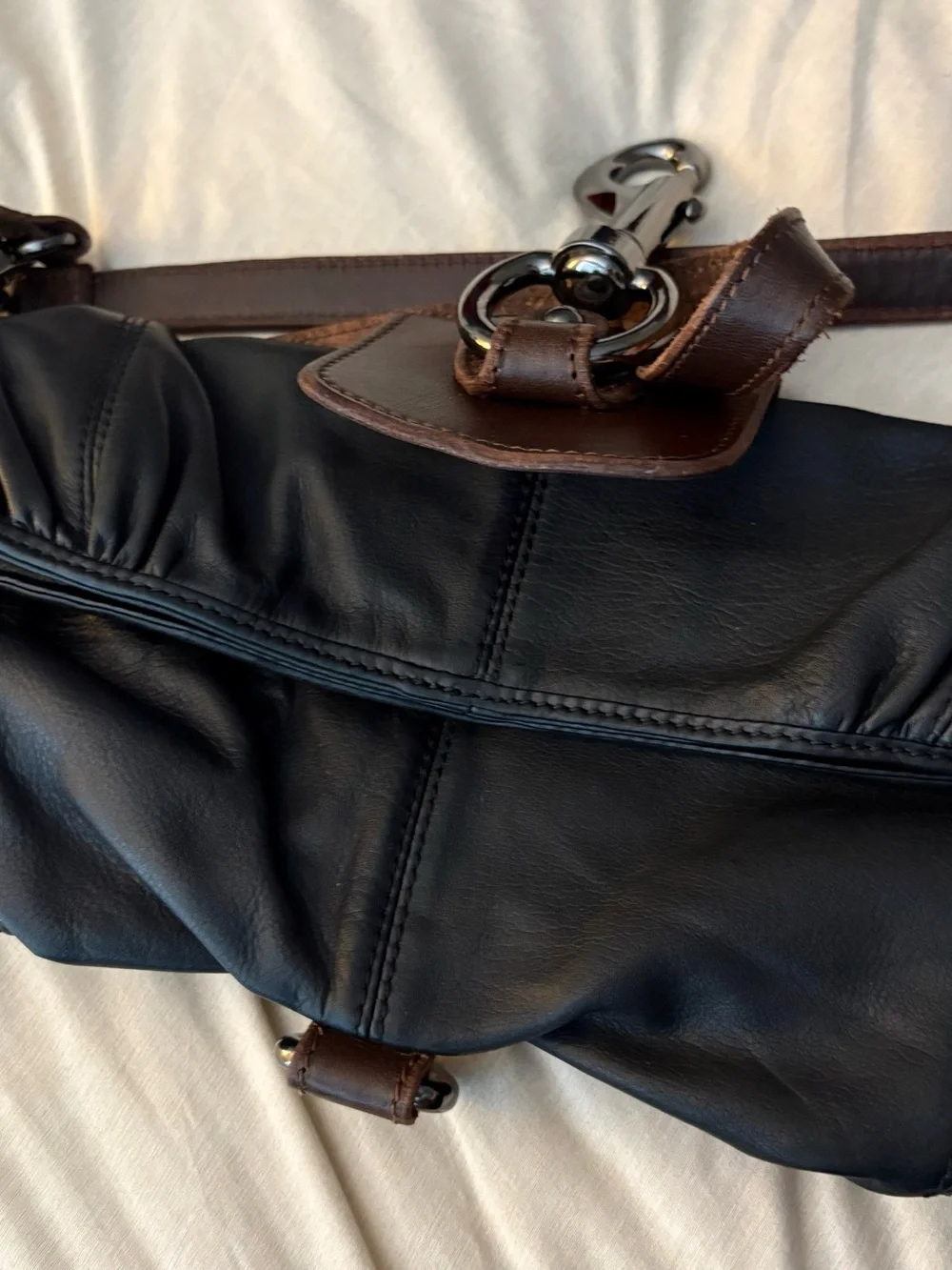 HOBO Y2K vintage Black Leather Clutch with Brown Trim and Gunmetal Hardware